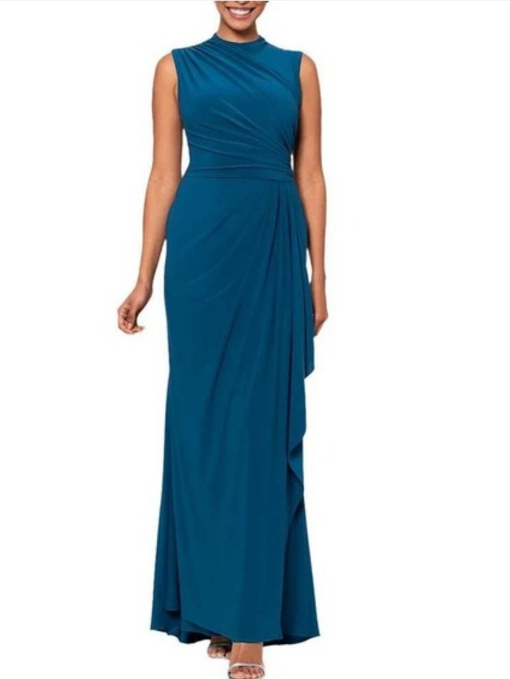 Betsy & Adam Ruched Mock Neck Sleeveless Gown Mallard Teal Size 12